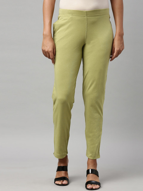 

Go Colors Women Green Cotton Mid Rise Trousers