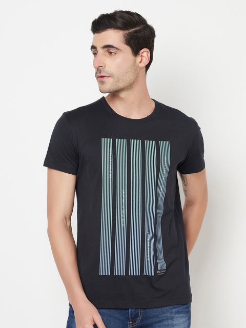 

Octave Men Navy Blue Striped Raw Edge T-shirt