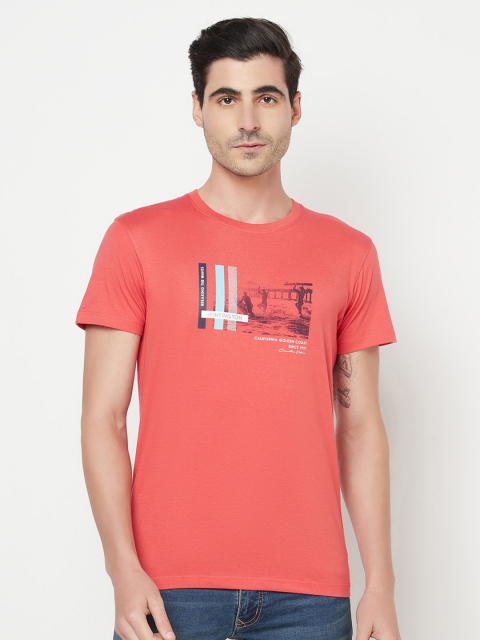 

Octave Men Peach-Coloured & Blue Graphic Printed T-shirt