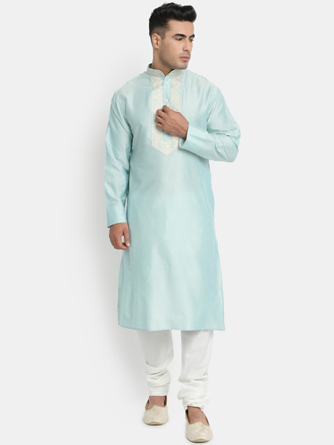 

HOB Men Green & White Ethnic Motifs Embroidered Kurta with Pyjamas