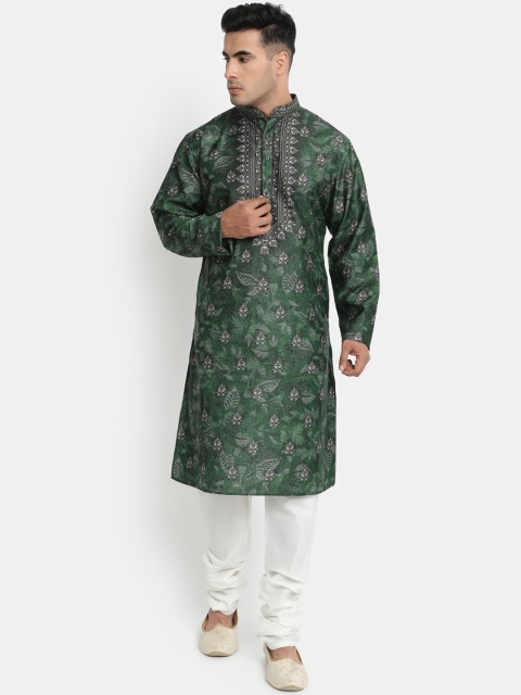 

HOB Men Green & White Ethnic Motifs Printed Kurta with Pyjamas