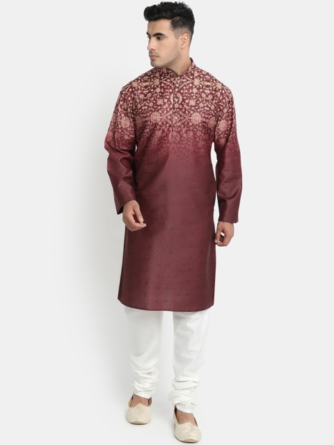 

HOB Men Maroon Printed Kurta with Churidar & Matching Mask