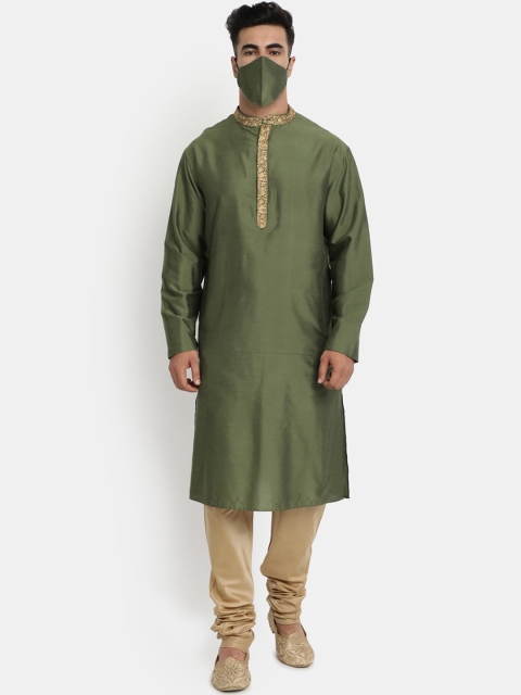 

HOB Men Olive Green & Cream-Coloured Thread Work Kurta with Churidar Solid Pyjamas