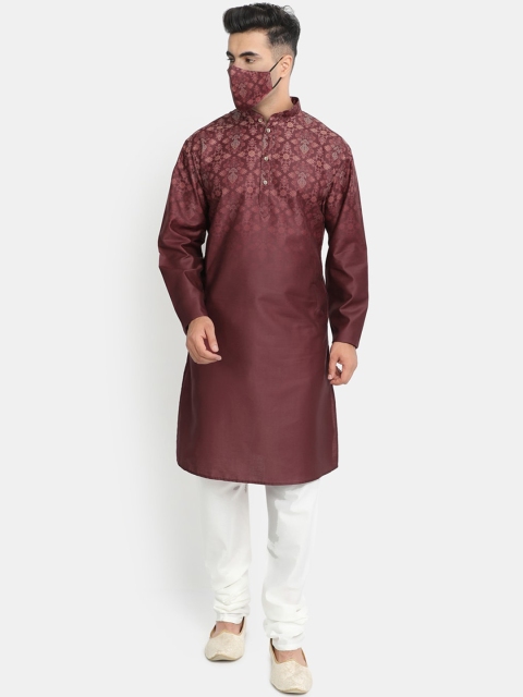 

HOB Men Maroon Floral Printed Kurta Churidar Pyjamas with Mask