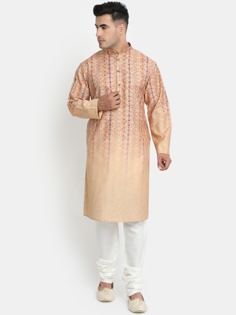 

HOB Men Beige & Off-White Printed Kurta with Solid Pyjama