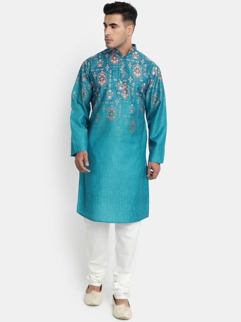 

HOB Men Turquoise Blue & White Ethnic Motifs Printed Kurta with Pyjamas