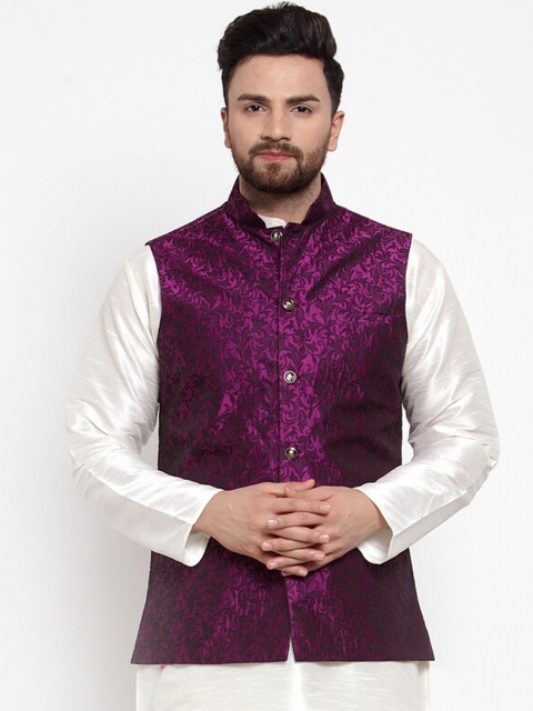

Jompers Men Purple Woven Jacquard Waistcoat