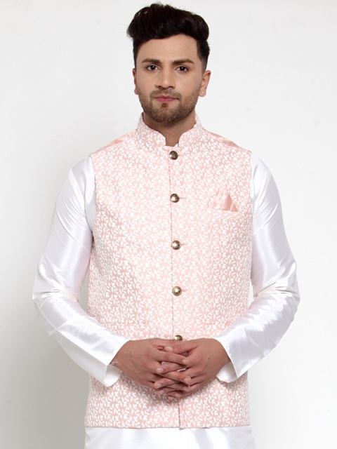 

Jompers Men Pink Ethnic Motifs Embroidered Nehru Jacket