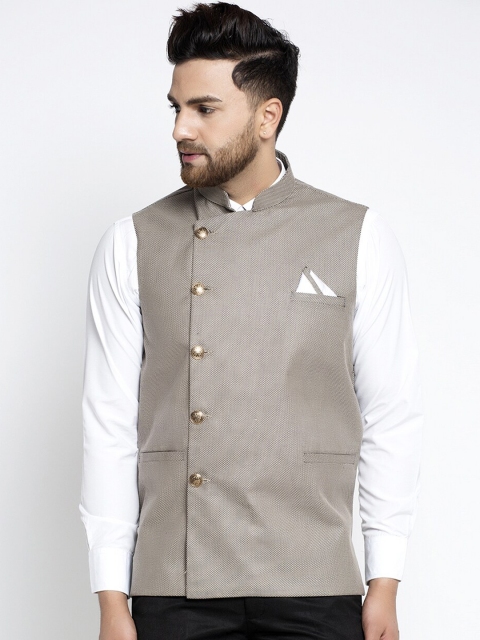 

Jompers Men Grey Woven Design Pure Cotton Nehru Jacket With Pocket Square