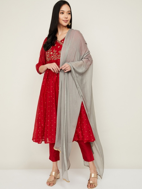 

Melange by Lifestyle Women Red Embroidered Angrakha Cotton Kurta & Trousers With Dupatta