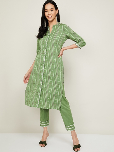 

Melange by Lifestyle Women Green Striped Kurta with Trousers