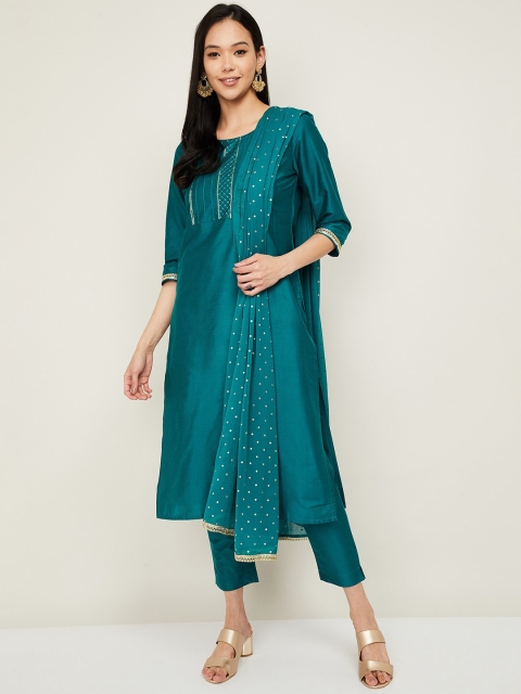 

Melange by Lifestyle Women Teal Sequinned Kurta with Trousers & With Dupatta