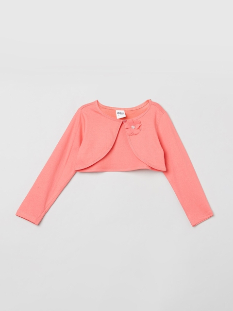 

max Girls Peach-Coloured Solid Cotton Crop Button Shrug