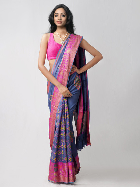 

Unnati Silks Blue & Pink Ethnic Motifs Zari Handloom Sustainable Pure Cotton Kota Saree