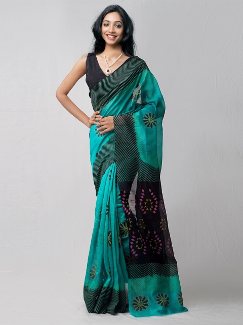 

Unnati Silks Green & Blue Ethnic Motifs Net Block Print Saree