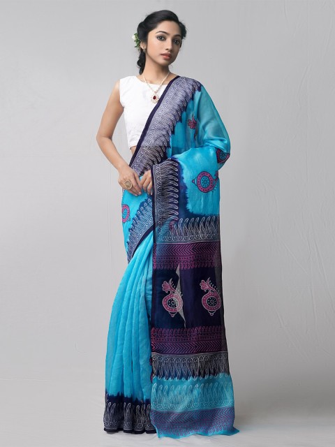 

Unnati Silks Blue & Pink Ethnic Motifs Net Block Print Saree