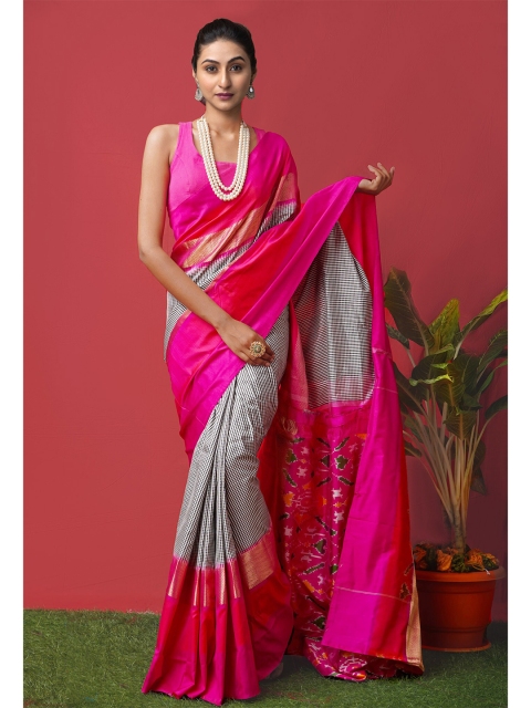 

Unnati Silks Grey & Pink Woven Design Pure Silk Pochampally Saree