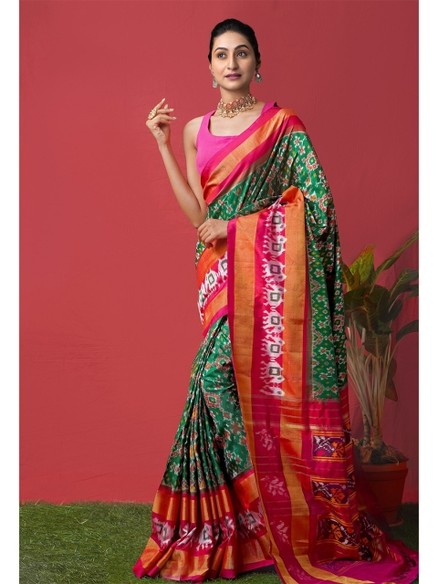 

Unnati Silks Green & Pink Ethnic Motifs Pure Silk Pochampally Saree