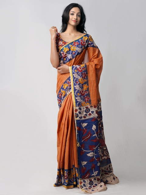 

Unnati Silks Brown & Blue Kalamkari Pure Cotton Kanjeevaram Saree