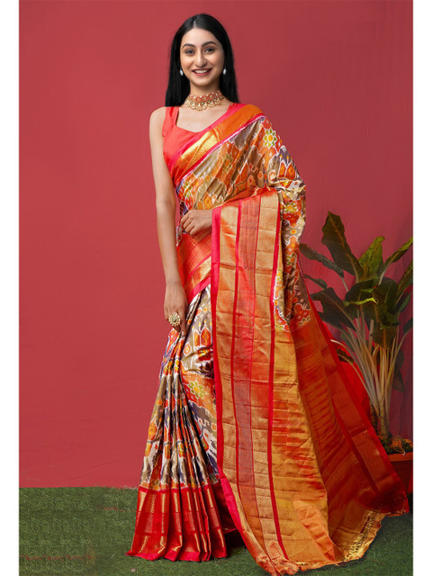 

Unnati Silks Orange & Grey Ethnic Motifs Handloom Sustainable Pure Silk Pochampally Saree