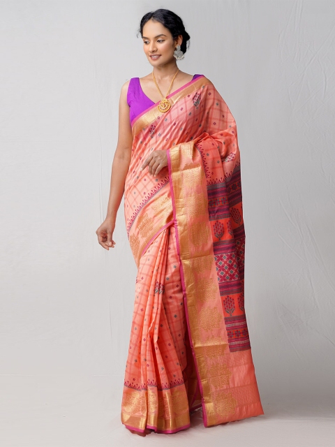 

Unnati Silks Red & Gold-Toned Ethnic Motifs Silk Cotton Chanderi Saree