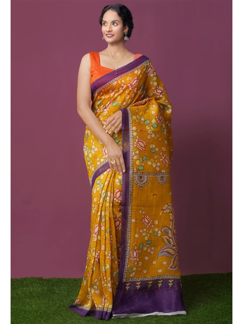 

Unnati Silks Yellow & Purple Floral Pure Cotton Kanjeevaram Saree