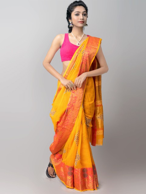 

Unnati Silks Orange & Yellow Ethnic Motifs Zari Pure Cotton Kota Saree