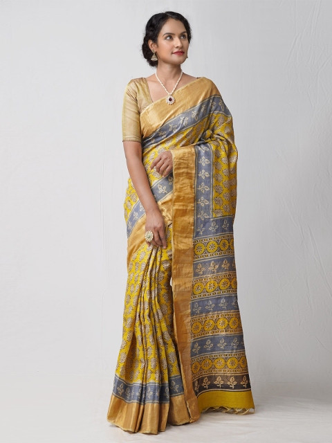 

Unnati Silks Yellow & Gold-Toned Ethnic Motifs Zari Pure Silk Tussar Saree