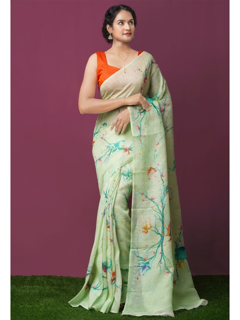 

Unnati Silks Green & Blue Ethnic Motifs Linen Blend Jamdani Saree