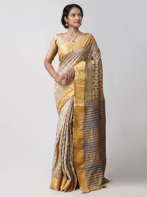 

Unnati Silks Brown & Grey Handloom Sustainable Block Printed Pure Silk Tussar Saree