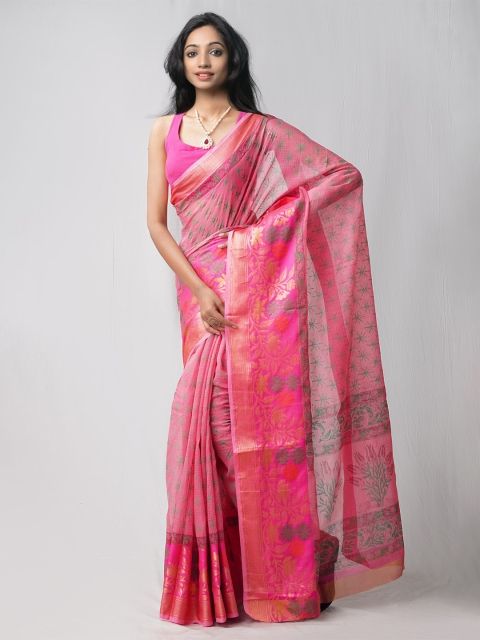 

Unnati Silks Pink & Gold-Toned Ethnic Motifs Zari Pure Cotton Kota Saree