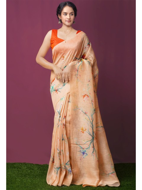 

Unnati Silks Peach-Coloured & Green Floral Digital Printed Silk Cotton Chanderi Saree