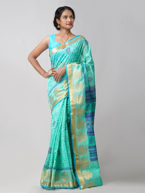 

Unnati Silks Green Block Printed Chanderi Sico Saree