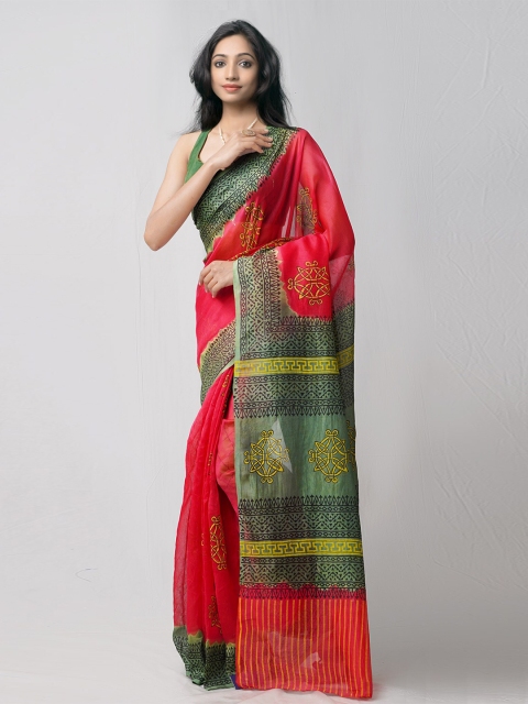 

Unnati Silks Red & Green Ethnic Motifs Net Block Print Saree