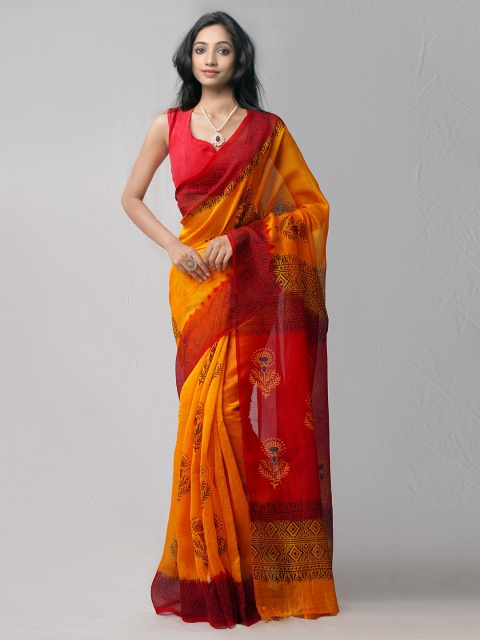 

Unnati Silks Orange & Red Ethnic Motifs Net Block Print Saree