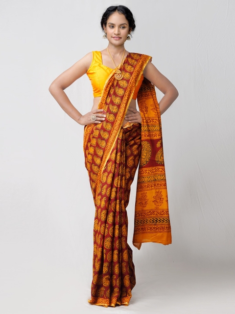 

Unnati Silks Maroon & Mustard Ethnic Motifs Zari Pure Cotton Venkatgiri Saree