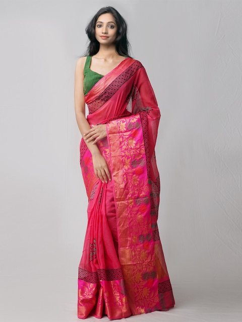 

Unnati Silks Pink & Green Block Printed Handloom Sustainable Pure Cotton Kota Saree