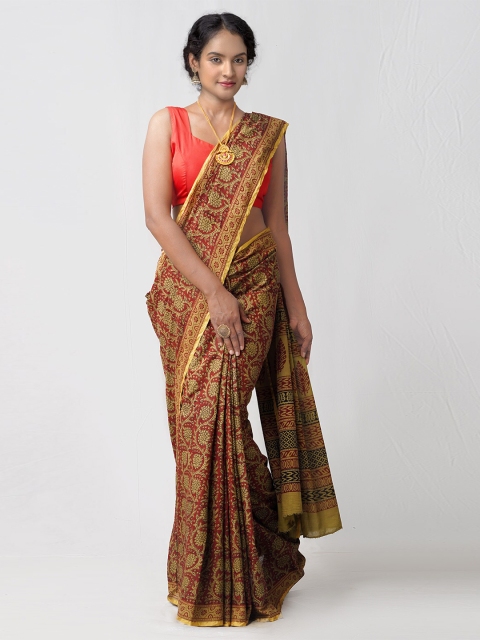 

Unnati Silks Red & Camel Brown Ethnic Motifs Pure Cotton Venkatgiri Saree