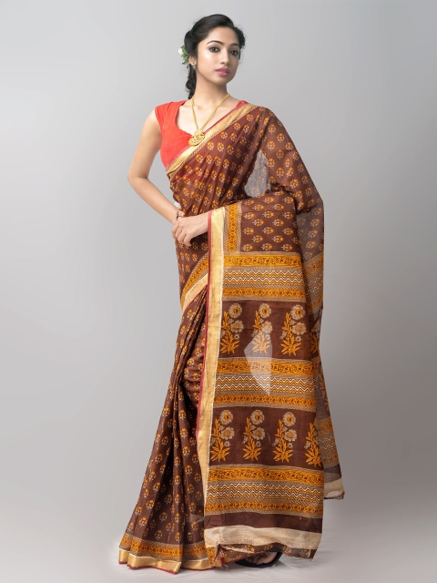 

Unnati Silks Brown & Yellow Ethnic Motifs Zari Pure Cotton Kovai Saree