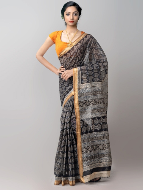 

Unnati Silks Black & Off White Ethnic Motifs Pure Krisha Cotton Kovai Saree