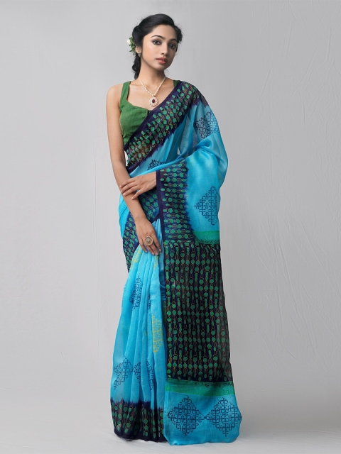 

Unnati Silks Blue & Green Ethnic Motifs Net Block Print Saree