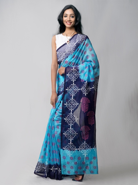 

Unnati Silks Turquoise Blue & Navy Blue Ethnic Motifs Net Block Print Saree