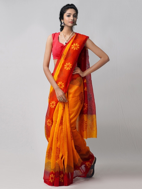 

Unnati Silks Women Orange Block Printed Supernet Saree