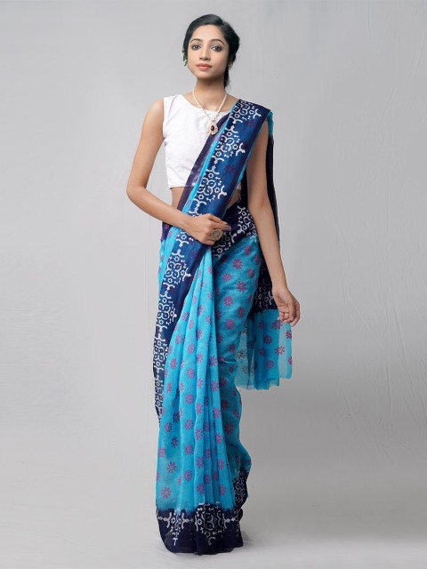 

Unnati Silks Blue & Pink Ethnic Motifs Net Block Print Saree