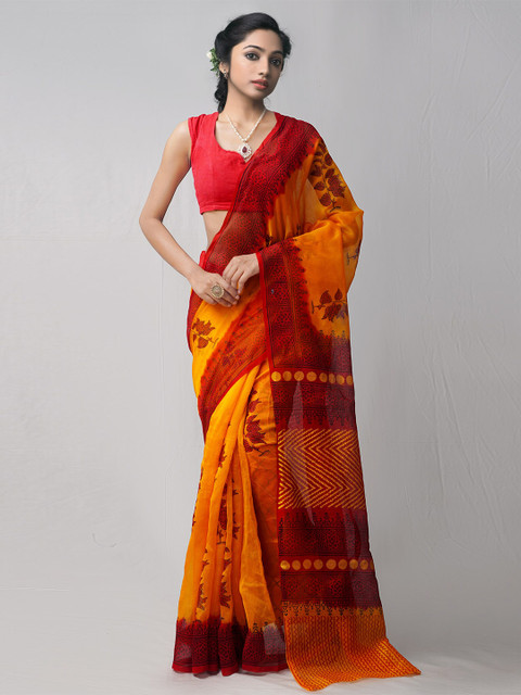 

Unnati Silks Orange & Red Ethnic Motifs Net Block Print Saree