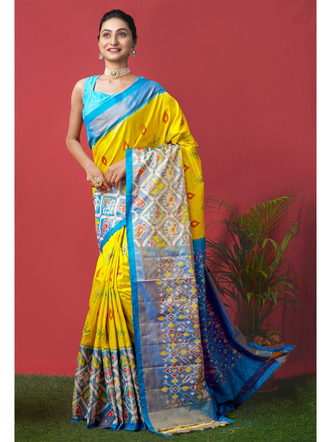 

Unnati Silks Yellow & Blue Ethnic Motifs Pure Silk Handloom Sustainable Pochampally Saree
