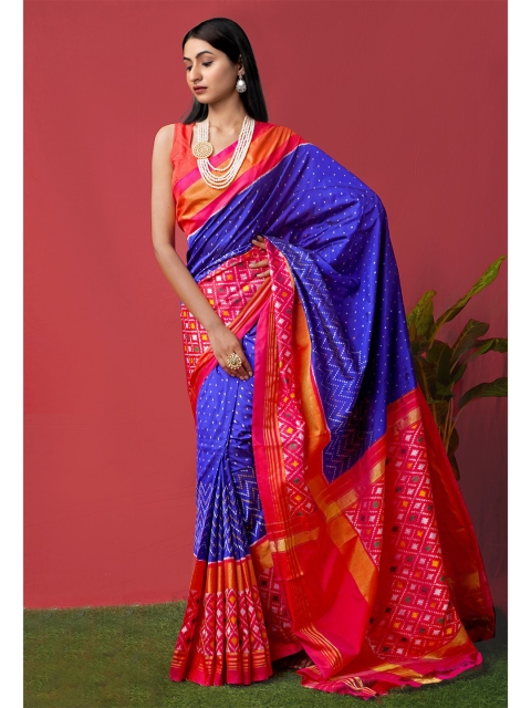 

Unnati Silks Blue & Pink Pure Silk Handloom Sustainable Ikat Pochampally Saree