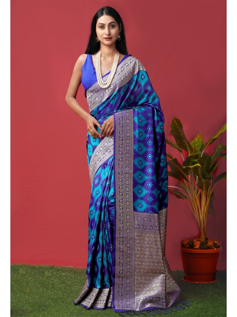 

Unnati Silks Blue & Silver-Toned Woven Design Zari Silk Blend Paithani Saree