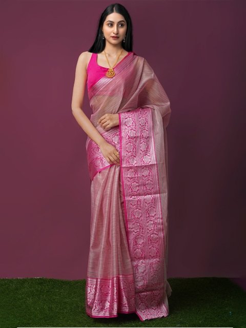 

Unnati Silks Pink & Silver-Toned Woven Design Zari Tissue Kota Saree
