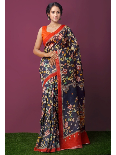 

Unnati Silks Navy Blue & Red Kalamkari Pure Cotton Kanjeevaram Saree